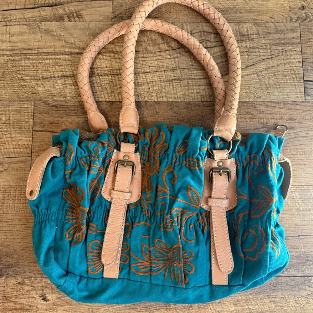 NEST BLUE FLORAL COTTON TAN BROWN GENUINE LEATHER ZIP MEDIUM SHOULDER BAG PURSE